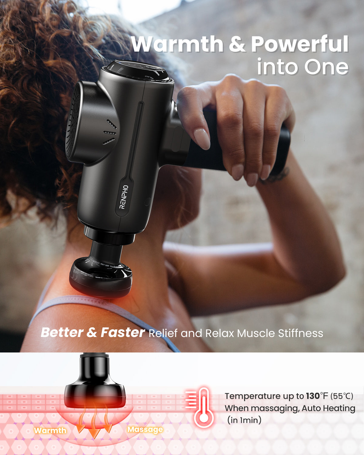 RENPHO Massage Gun with Heat, Portable Muscle Percussion Massager with Bluetooth for Back and Neck, 5 Replaceable Heads, Carry Case, Gifts for Men Women