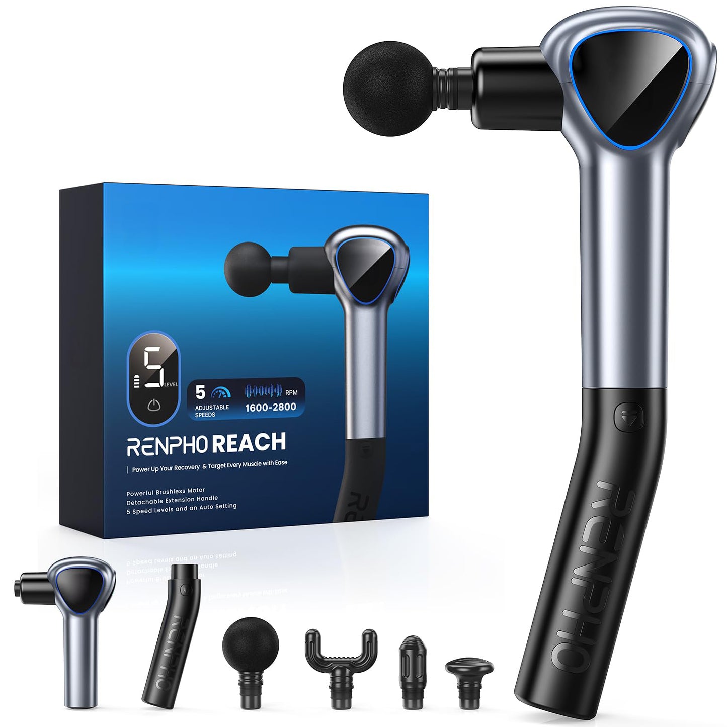 RENPHO Massage Guns for Pain Relief Deep Tissue, FSA HSA Eligible, Back Muscle Portable Massager with Detachable Extension Handle, Christmas Gift for Men Father He, Black