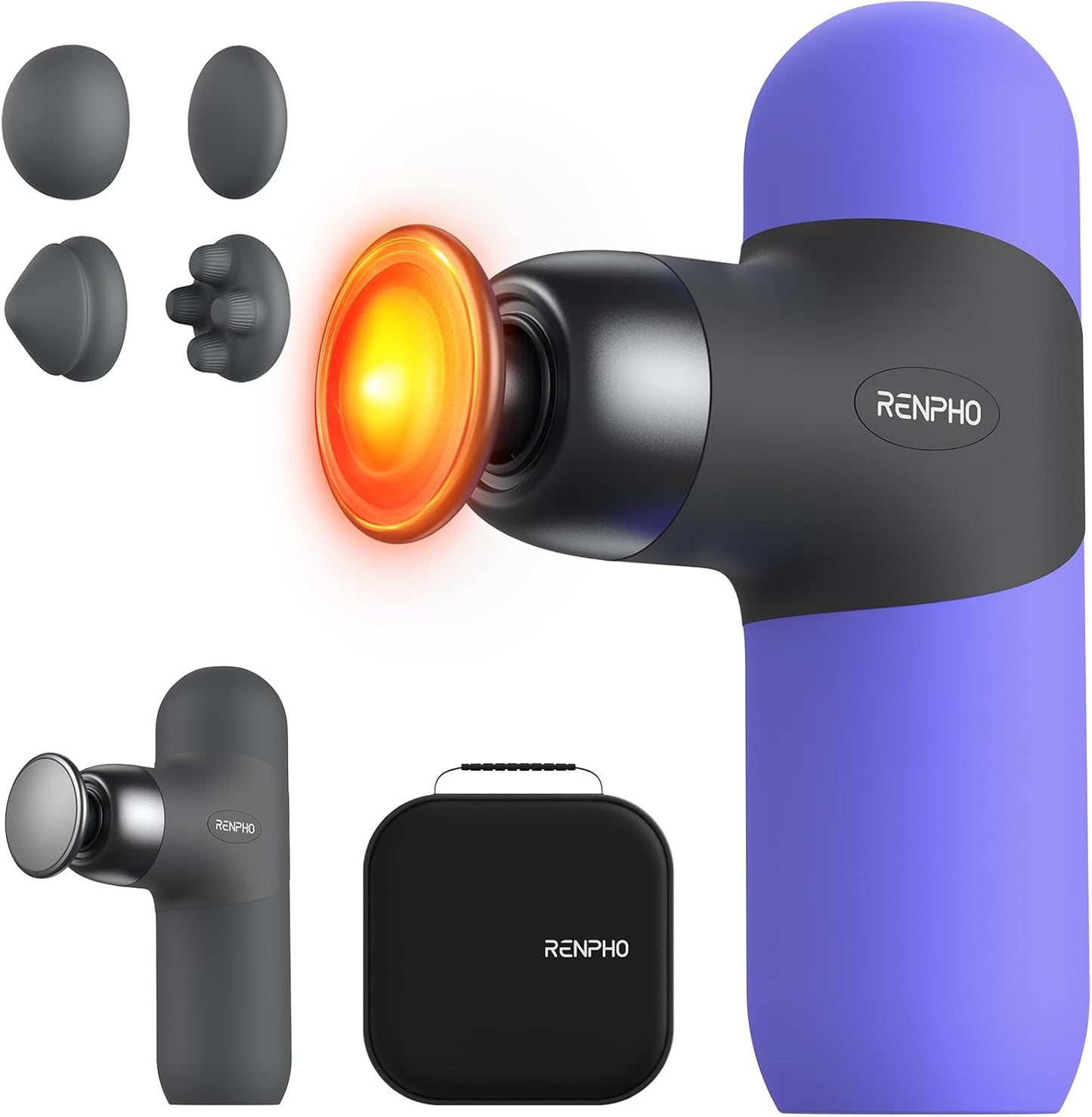 RENPHO Mini Thermal Massage Gun with Heat, Mothers Day Gifts, Portable Fashion Massager Gun, Color Silicone Sleeves, 4 Intensities, 4 Heads, Travel Size with Carry Case Purple