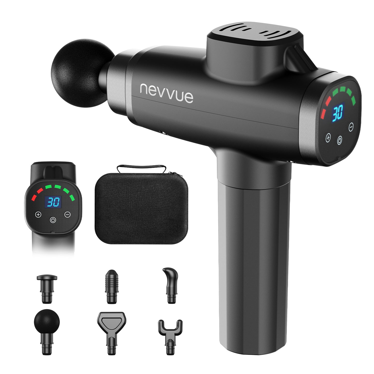 Massage Gun, Handheld Electric Muscle Massager, Deep Tissue Percussion Device, 30 Speed Levels, 6 Exchangable Massage Heads, LED Touch Display, Ultra-Quiet Motor, Portable & Travel-Friendly
