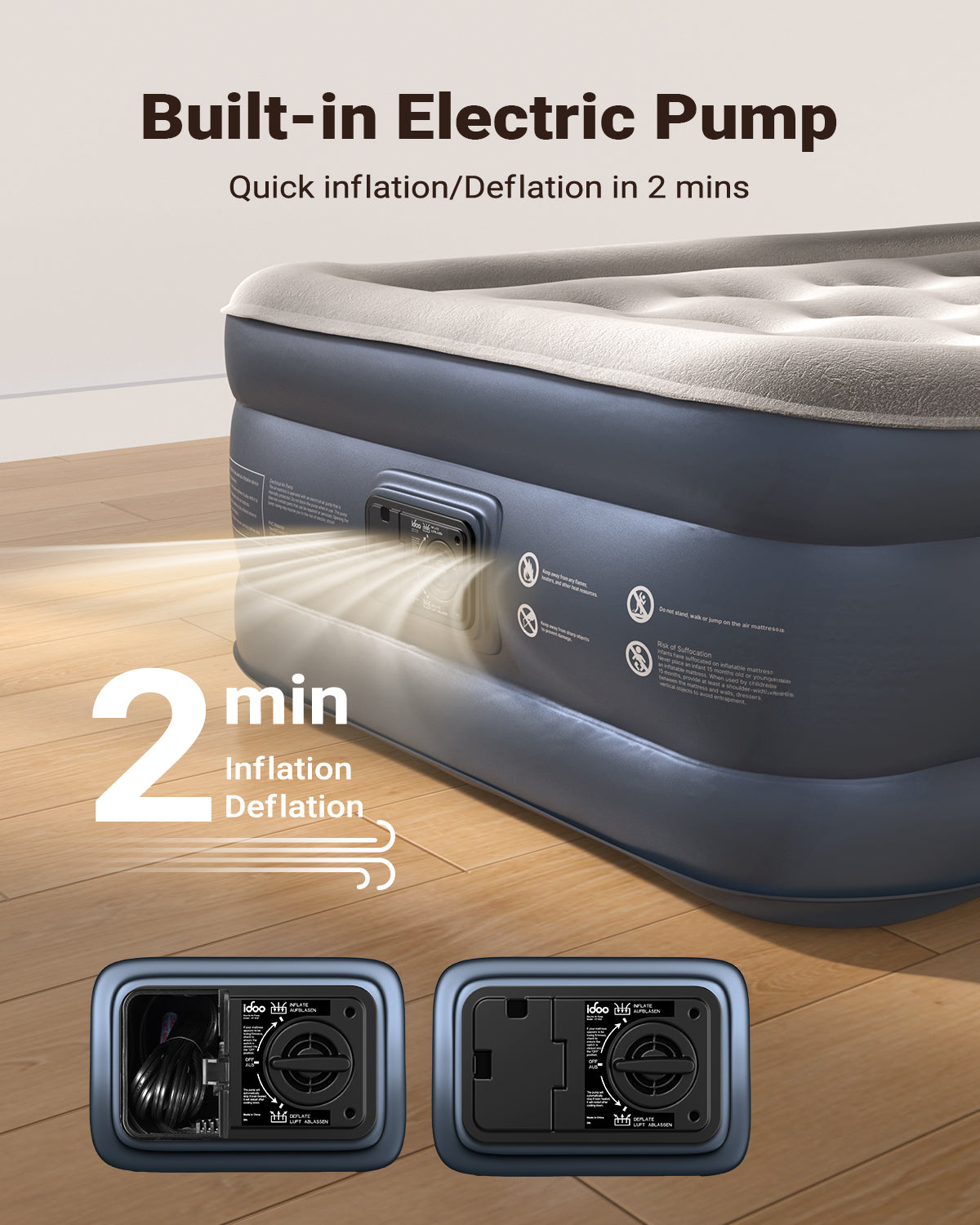 iDOO Single Air Bed, Inflatable Mattress with Built-in Pump, 3 Mins Quick Self-Inflation/Deflation Blow Up Air Mattress, Comfortable Top Surface for Home Portable Camping Travel 188x99x38cm 249kg MAX