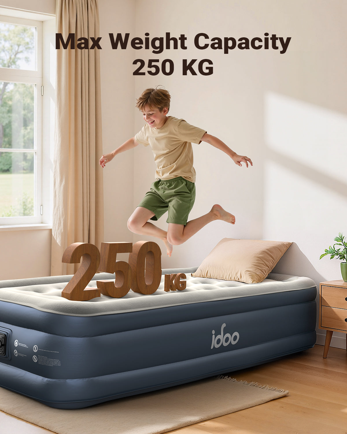 iDOO Single Air Bed, Inflatable Mattress with Built-in Pump, 3 Mins Quick Self-Inflation/Deflation Blow Up Air Mattress, Comfortable Top Surface for Home Portable Camping Travel 188x99x38cm 249kg MAX