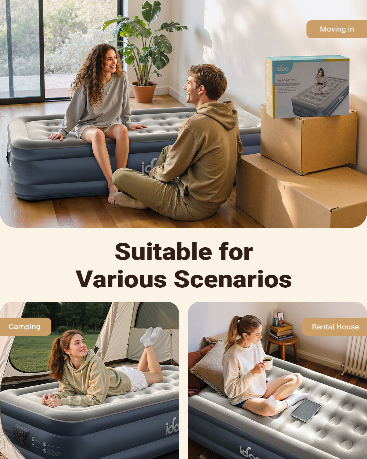 iDOO Single Air Bed, Inflatable Mattress with Built-in Pump, 3 Mins Quick Self-Inflation/Deflation Blow Up Air Mattress, Comfortable Top Surface for Home Portable Camping Travel 188x99x38cm 249kg MAX