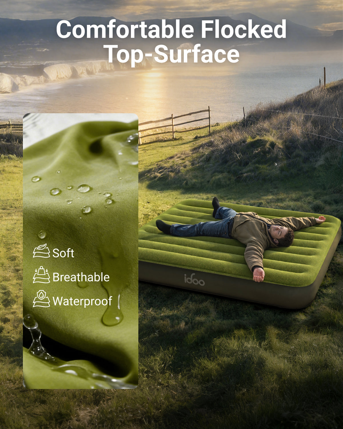 iDOO Single XL Camping Bed, Inflatable Air Mattress with Rechargeable Cordless Pump, Blow Up Mattress Self Inflating in 1.5 Mins, No Outlet Needed for Outdoor, Tent, LED Light, USB Charging inclued