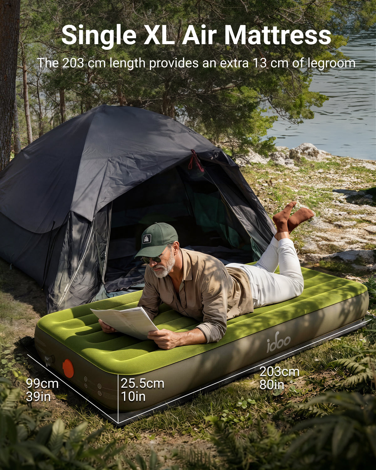 iDOO Single XL Camping Bed, Inflatable Air Mattress with Rechargeable Cordless Pump, Blow Up Mattress Self Inflating in 1.5 Mins, No Outlet Needed for Outdoor, Tent, LED Light, USB Charging inclued