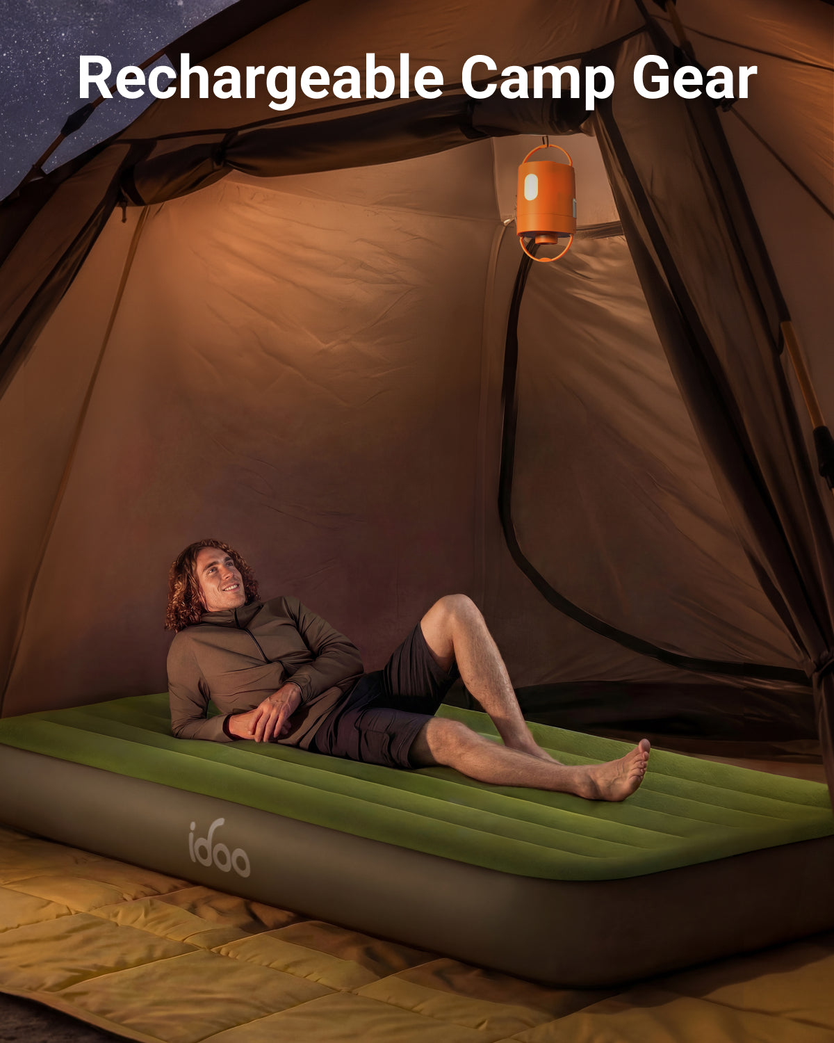iDOO Single XL Camping Bed, Inflatable Air Mattress with Rechargeable Cordless Pump, Blow Up Mattress Self Inflating in 1.5 Mins, No Outlet Needed for Outdoor, Tent, LED Light, USB Charging inclued