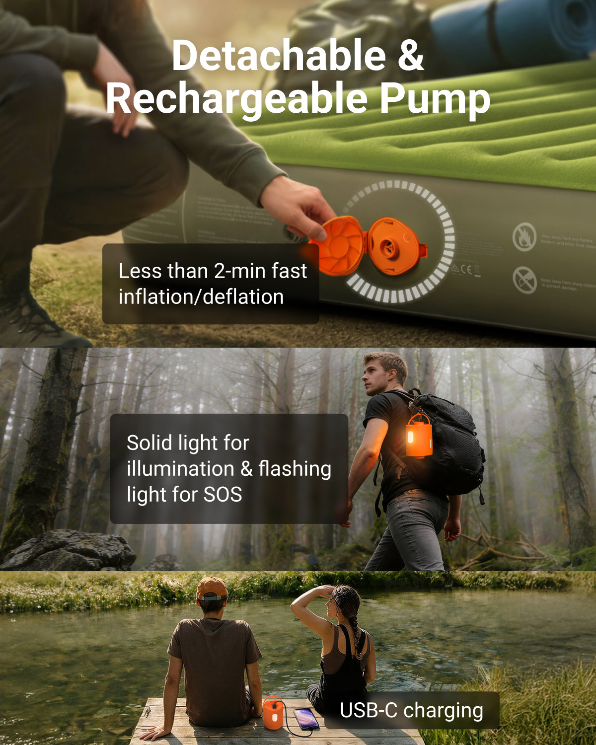 iDOO King Camping Bed, Inflatable Air Mattress with Rechargeable Cordless Pump, Blow Up Mattress Self Inflating in 2 Mins, No Outlet Needed for Outdoor, Tent, LED Light, USB Charging Inclued