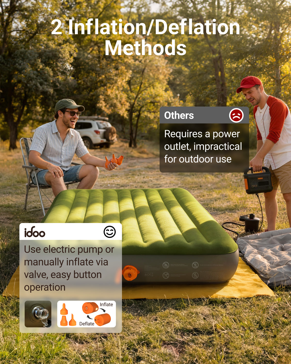 iDOO King Camping Bed, Inflatable Air Mattress with Rechargeable Cordless Pump, Blow Up Mattress Self Inflating in 2 Mins, No Outlet Needed for Outdoor, Tent, LED Light, USB Charging Inclued