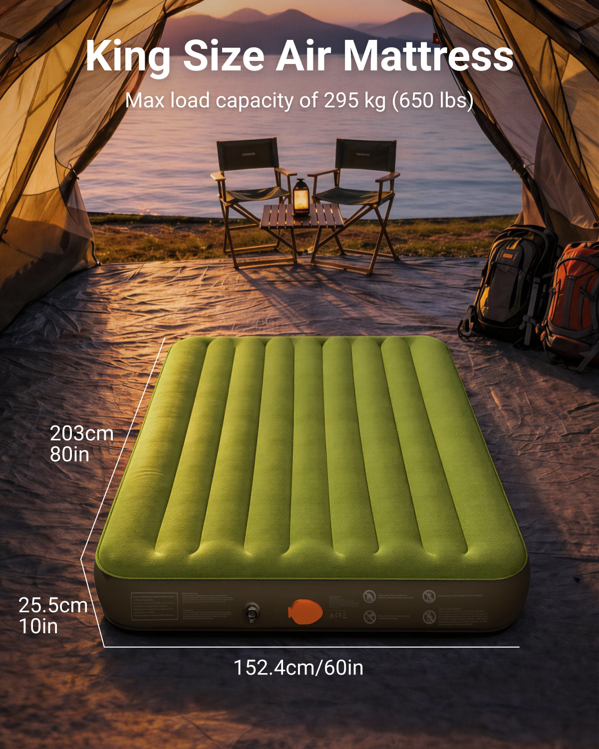 iDOO King Camping Bed, Inflatable Air Mattress with Rechargeable Cordless Pump, Blow Up Mattress Self Inflating in 2 Mins, No Outlet Needed for Outdoor, Tent, LED Light, USB Charging Inclued