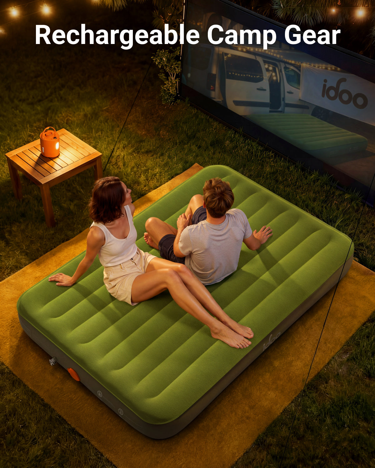 iDOO King Camping Bed, Inflatable Air Mattress with Rechargeable Cordless Pump, Blow Up Mattress Self Inflating in 2 Mins, No Outlet Needed for Outdoor, Tent, LED Light, USB Charging Inclued