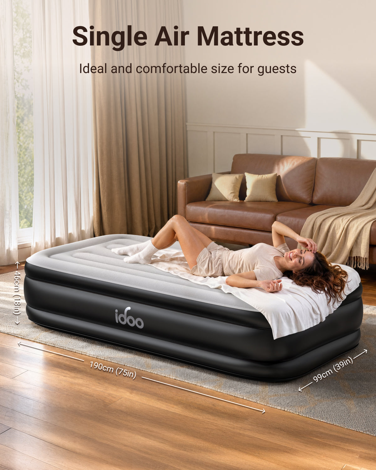 iDOO Single Size Airbed, Inflatable Air Mattress with Built-in Electric Pump, 3-Min Fast Inflation/Deflation, Portable Upgraded Blow Up Mattress for Home Guests, Camping & Travel, 190x99x46cm