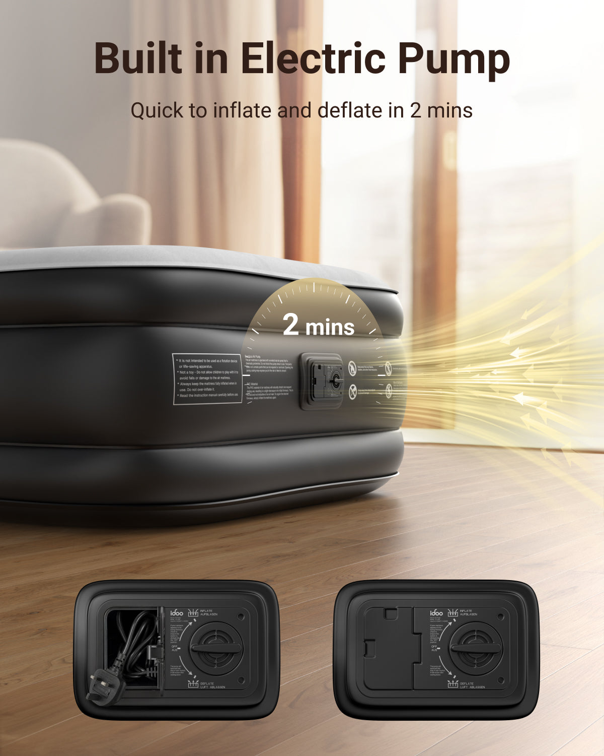 iDOO Single Size Airbed, Inflatable Air Mattress with Built-in Electric Pump, 3-Min Fast Inflation/Deflation, Portable Upgraded Blow Up Mattress for Home Guests, Camping & Travel, 190x99x46cm
