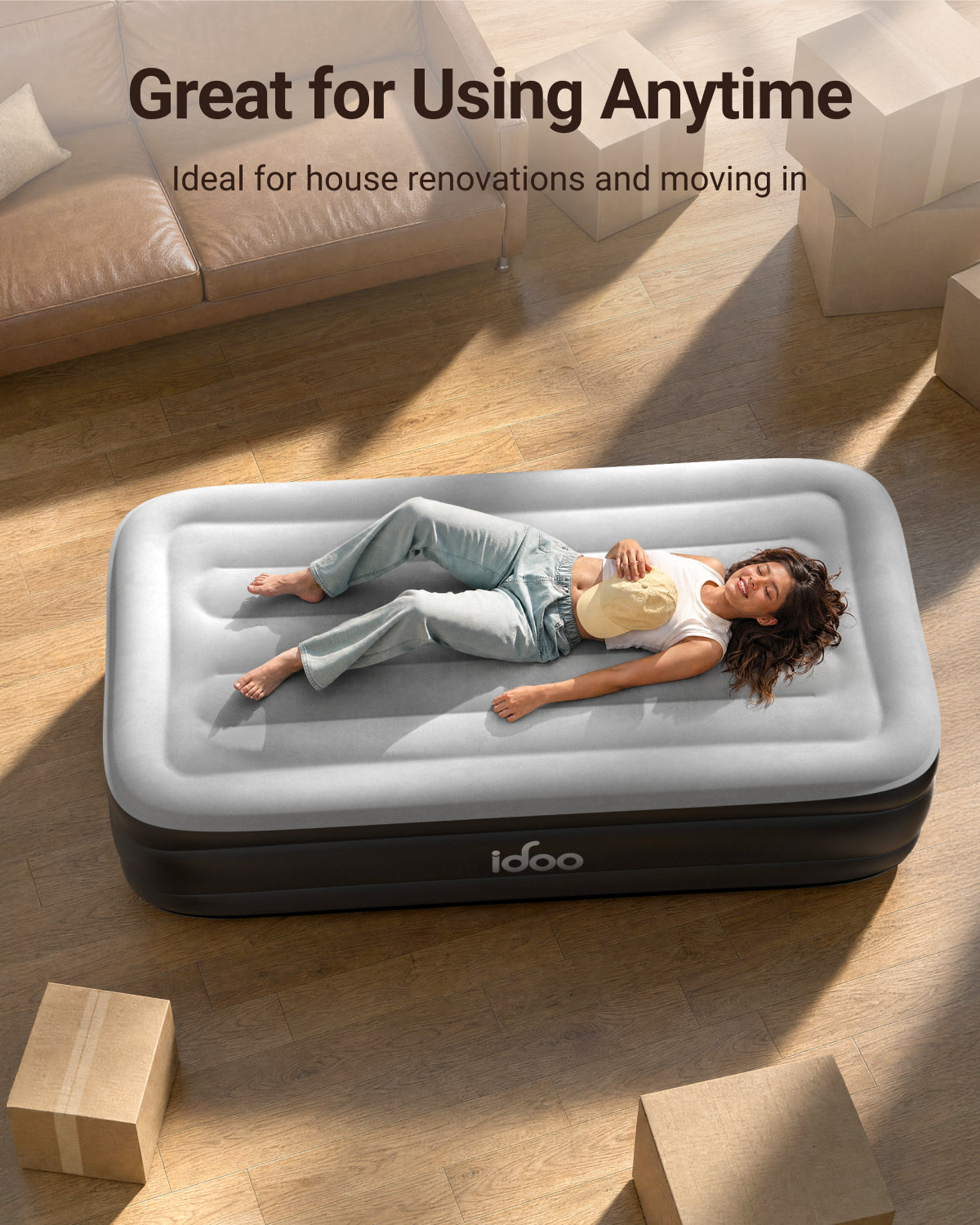 iDOO Single Size Airbed, Inflatable Air Mattress with Built-in Electric Pump, 3-Min Fast Inflation/Deflation, Portable Upgraded Blow Up Mattress for Home Guests, Camping & Travel, 190x99x46cm
