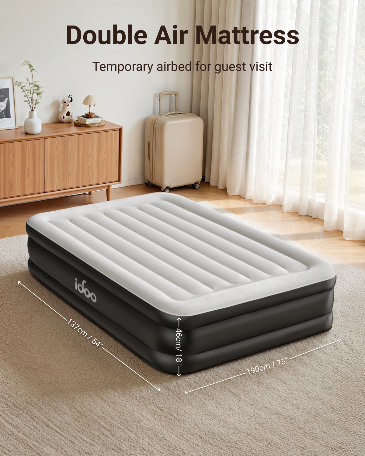 iDOO Inflatable Air Mattress, Double Airbed with Built-in Electric Pump, Blow Up Mattress In 3 Mins Fast Inflation, Portable Air Bed for Home Camping, 190x137x46cm