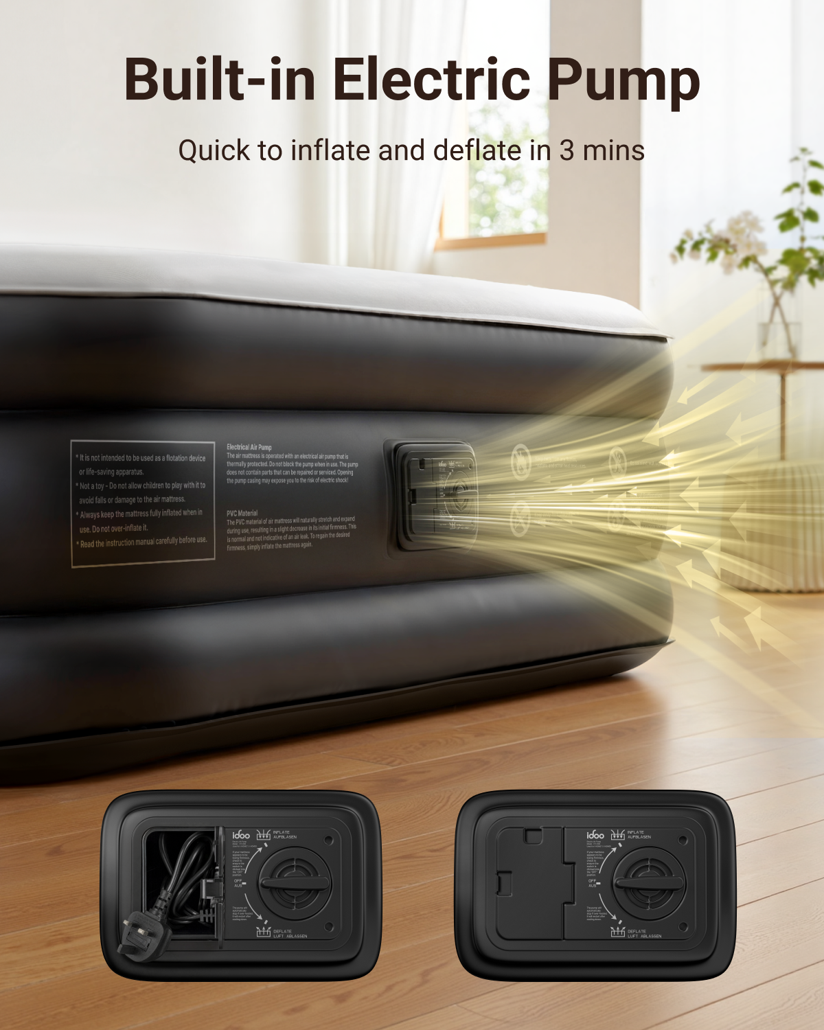 iDOO Inflatable Air Mattress, Double Airbed with Built-in Electric Pump, Blow Up Mattress In 3 Mins Fast Inflation, Portable Air Bed for Home Camping, 190x137x46cm