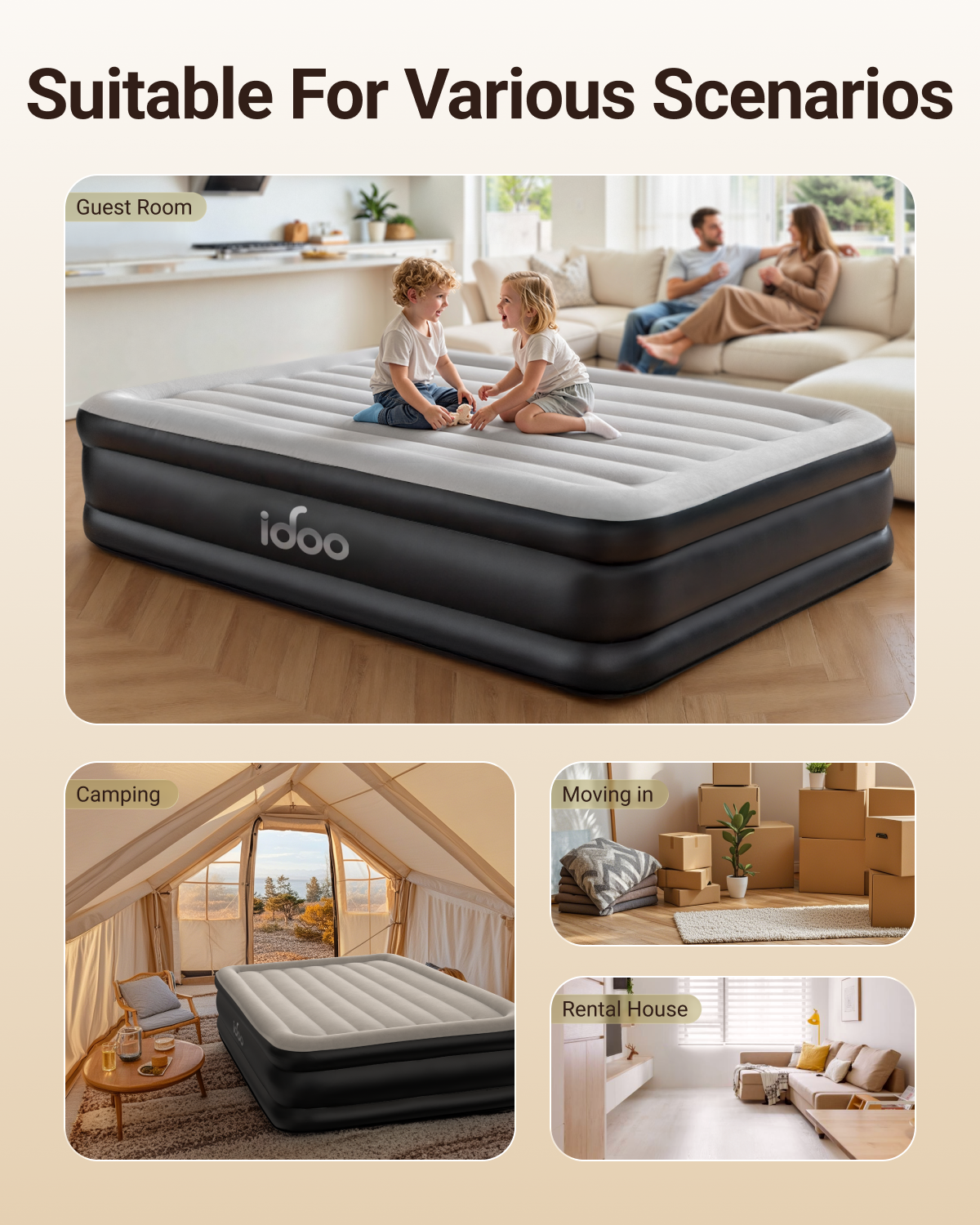 iDOO Inflatable Air Mattress, Double Airbed with Built-in Electric Pump, Blow Up Mattress In 3 Mins Fast Inflation, Portable Air Bed for Home Camping, 190x137x46cm