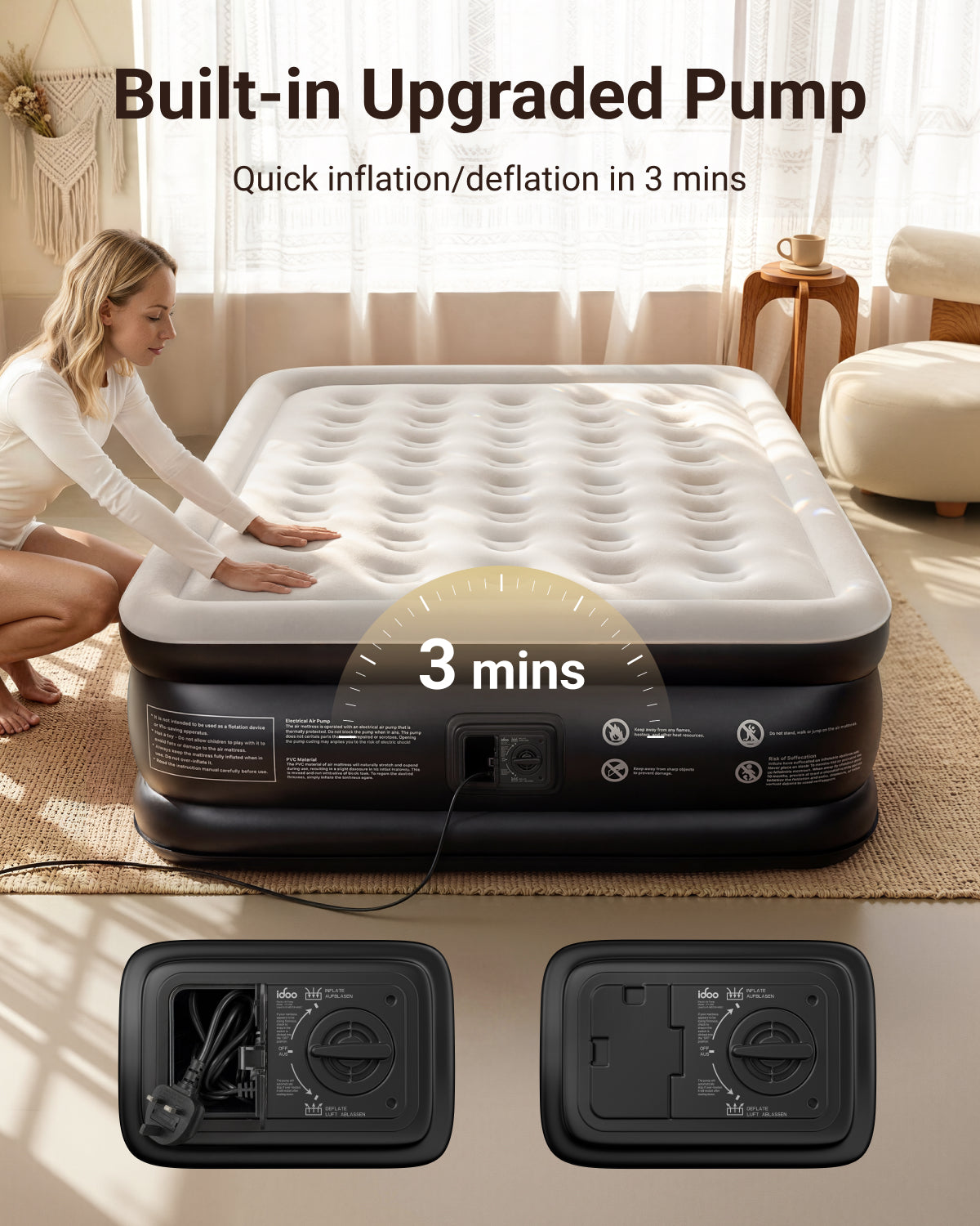 iDOO Inflatable Air Mattress, King Size Airbed with Built-in Pump, Double Blow Up Mattress in 3 Mins Fast Inflation, Upgraded Flocked Surface Comfort Air Bed for Home&Camping Use -203x152x46cm