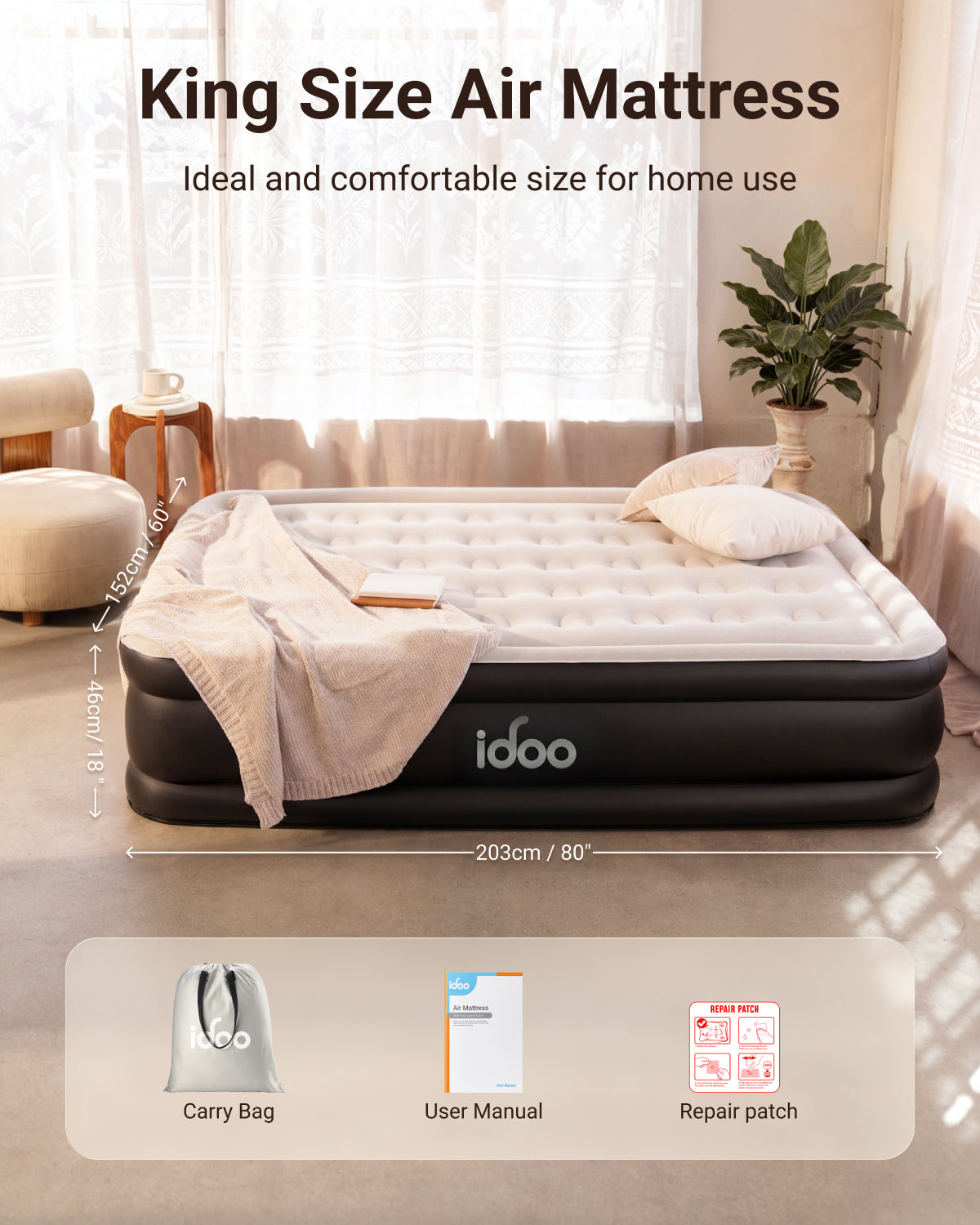iDOO Inflatable Air Mattress, King Size Airbed with Built-in Pump, Double Blow Up Mattress in 3 Mins Fast Inflation, Upgraded Flocked Surface Comfort Air Bed for Home&Camping Use -203x152x46cm