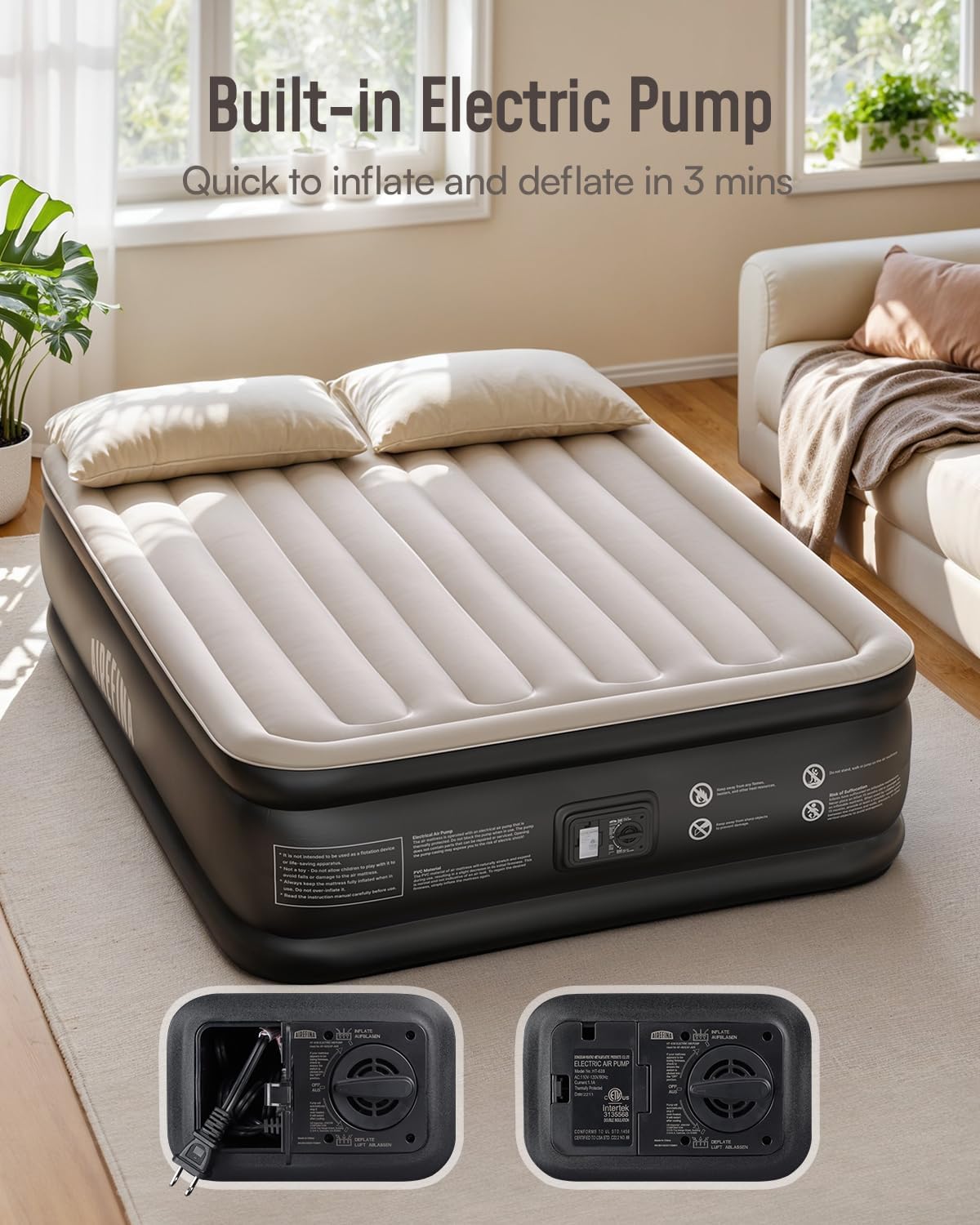 Airefina Inflatable Mattress, Air Bed with Built-in Pump, Blow Up Mattress