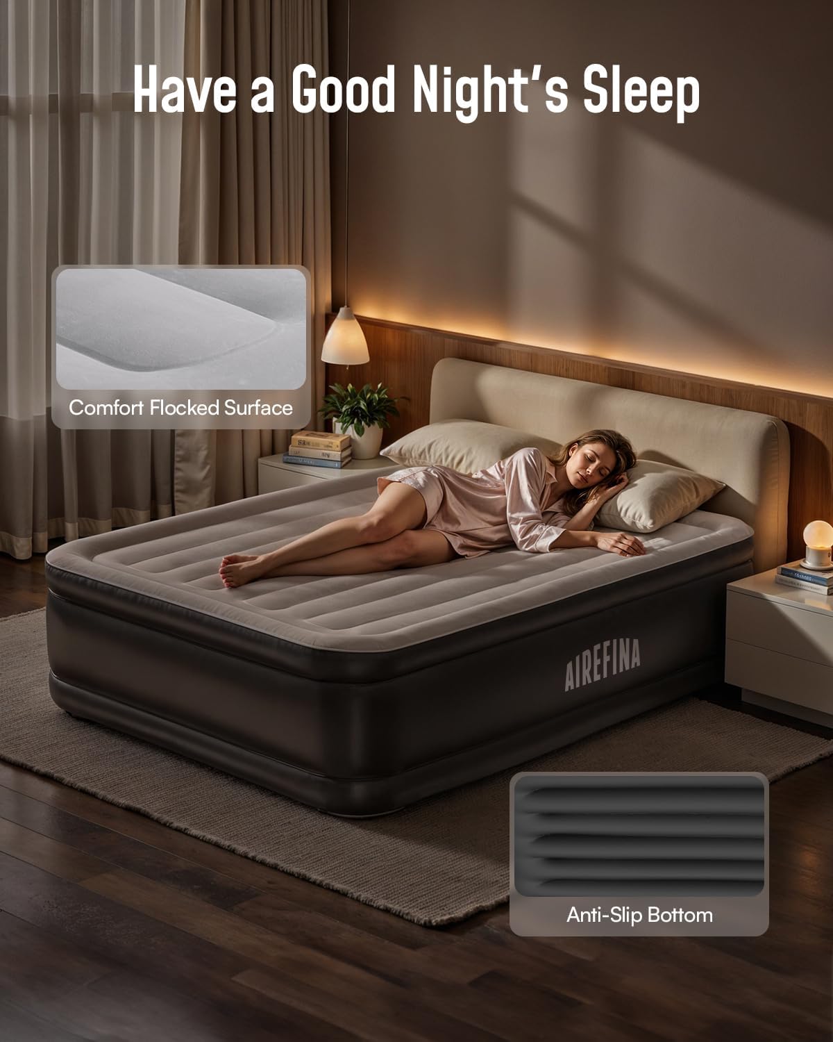 Airefina Inflatable Mattress, Air Bed with Built-in Pump, Blow Up Mattress