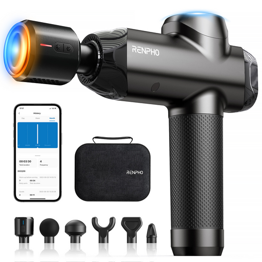 RENPHO Massage Gun Deep Tissue with Heat and Cold, FSA HSA Eligible Percussion Muscle Massage Gun Bluetooth with 12mm Amplitude, Handheld Massager Gun, Power+ Thermacool Grey