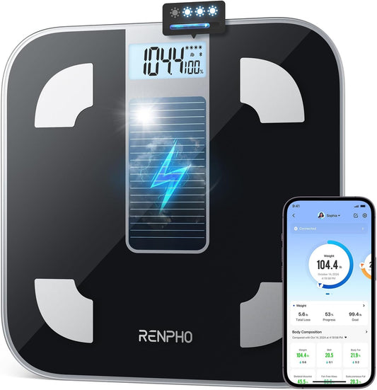 RENPHO Balance Pese Personne Solar Pese Personnes Sans Pile, Bluetooth Balance Connectée avec App, 13 Analyses de la Composition Corporelle, 400 lb, Noir, Elis