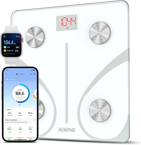 RENPHO Elis 1 Bilancia Pesapersone Intelligente Bluetooth Bilancia Pesa Persona Digitale con App - Misura Peso Corporeo, Massa Grassa, BMI, Massa Muscolare, Massa Ossea, Proteine, Bianco-NEW