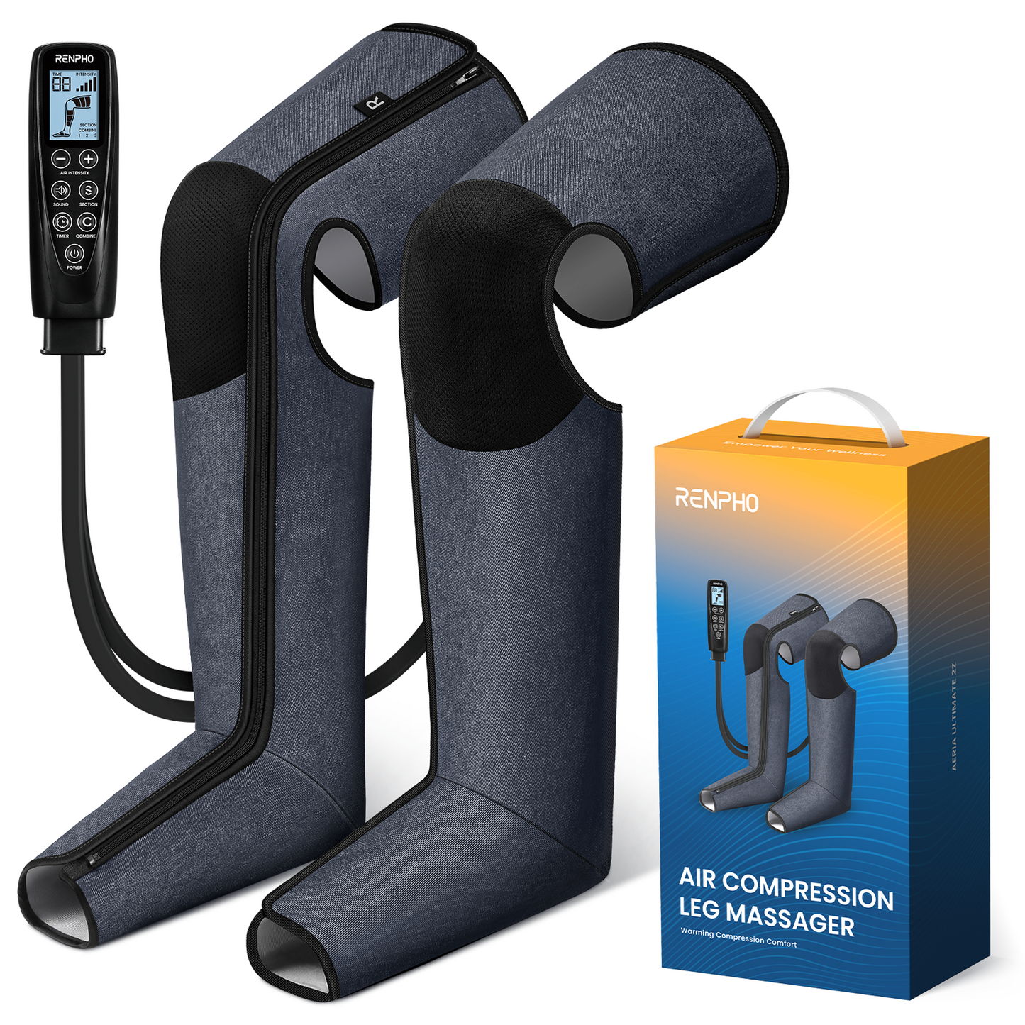 RENPHO Leg Massager with Air Compression, 360° Full Coverage, Feet & Calf & Thigh, Pressure Sensor, Dual/Single Leg Use, 3 Combo + 3 Independent Modes, 5 Intensities, Gifts for Women & Men