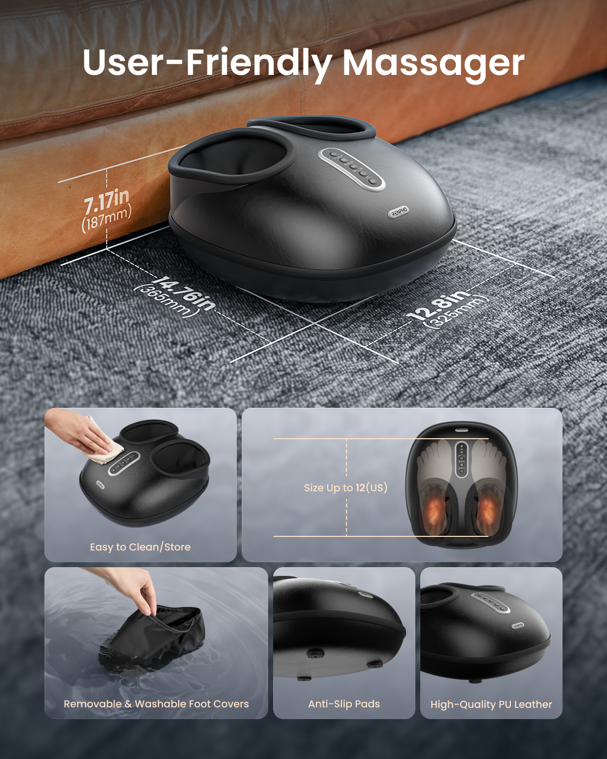 RENPHO 2026 Upgraded Foot Massager with Heat, FSA Eligible Shiatsu Foot Massager for Plantar Fasciitis, Deep-Kneading Feet Massager, Mens Size 12, Black