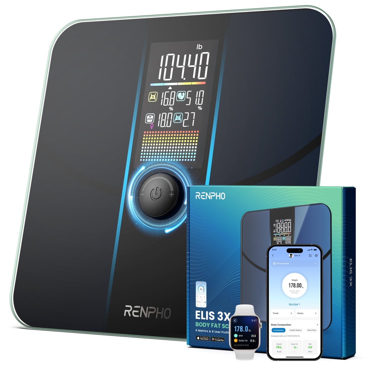 RENPHO Smart Scale for Body Weight, Body Fat Scale for BMI, Body Fat, Muscle Mass, High Accurate Bathroom Scale with Large VA Dispaly, 18 Body Composition, 400lb
