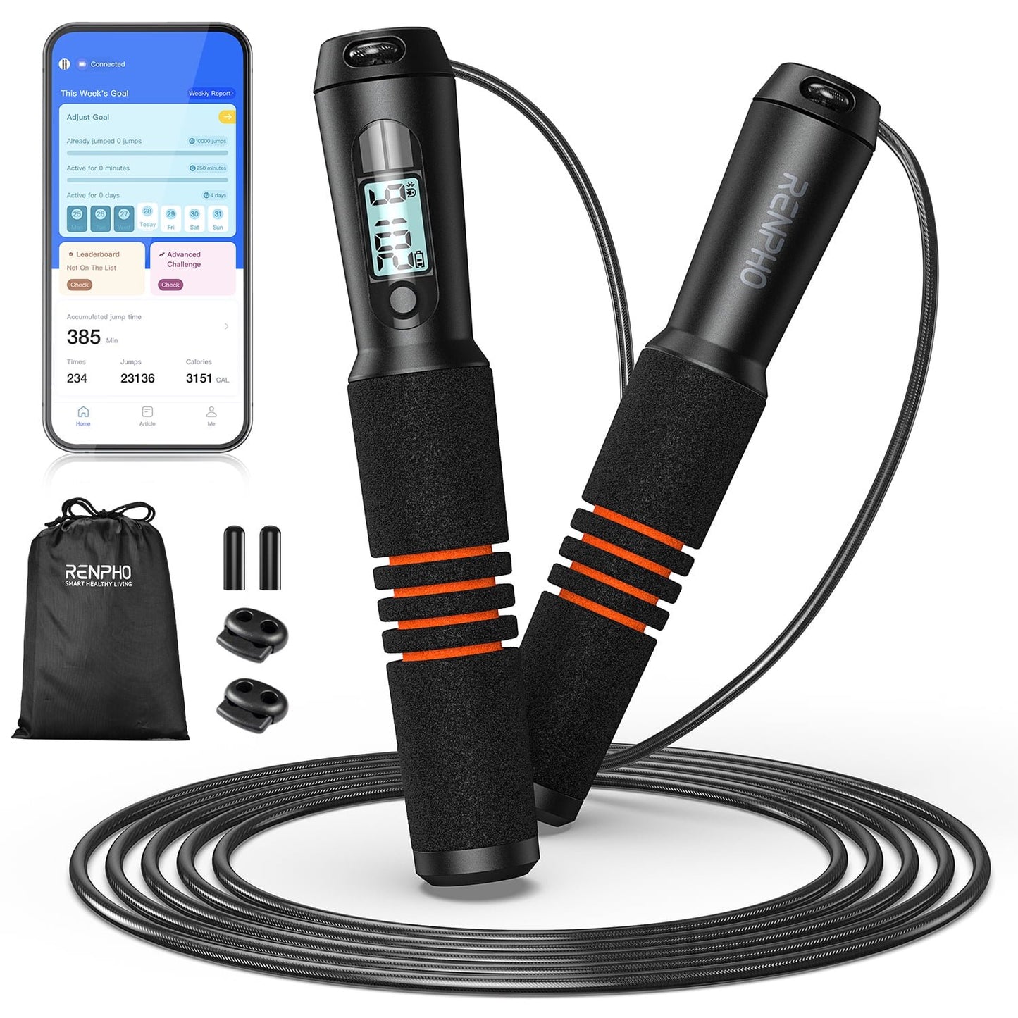 RENPHO Smart Jump Rope, Fitness Skipping Rope with APP Data Analysis and HD LCD Display