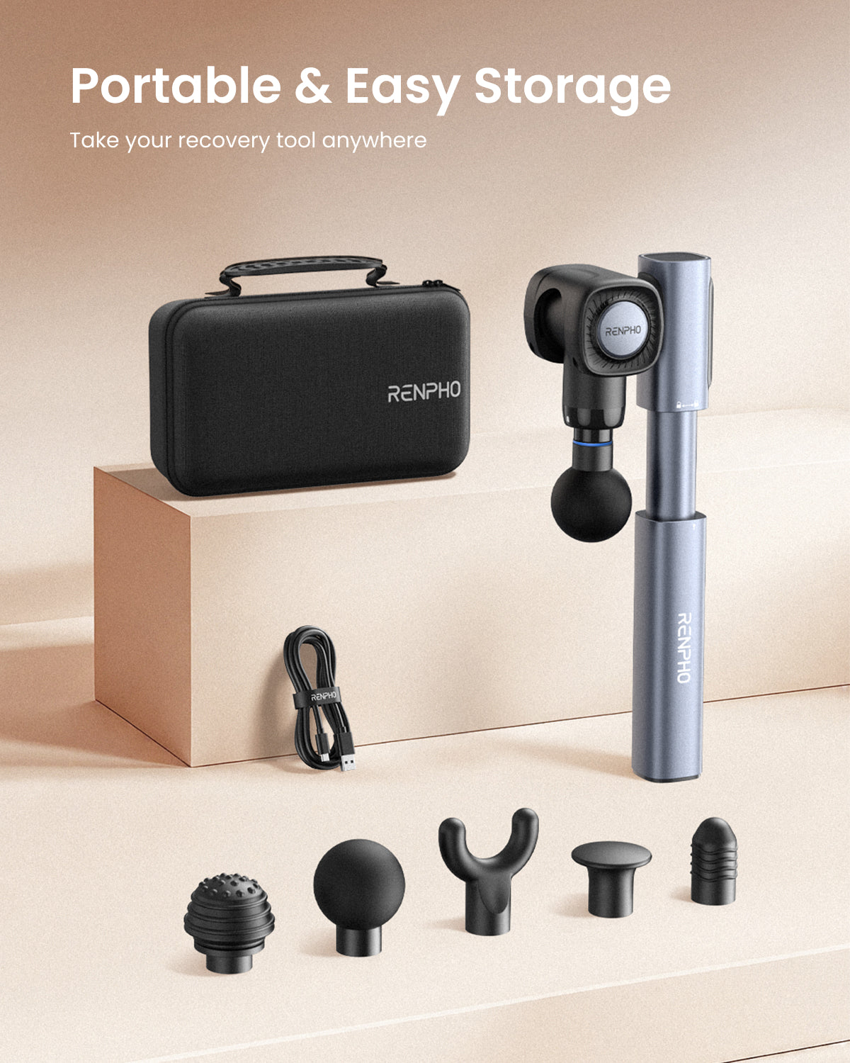 RENPHO Massage Gun with Adjustable Angles and Extension Handle, Christmas Gifts, Handheld Percussion Muscle Massager Deep Tissue with Portable Carry Case for Men Women, Extend 2