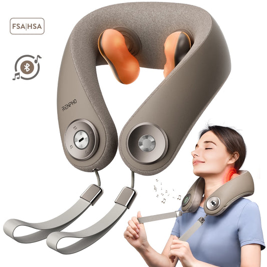 Renpho Shiatsu Neck and Shoulder Massager with 2 Levels Heat, Cordless Deep Tissue Massage with Music Playable Bluetooth