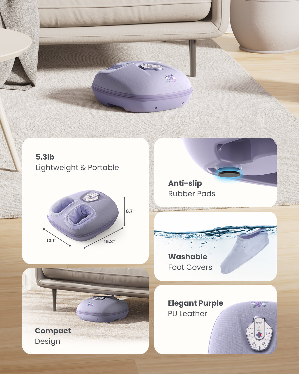 RENPHO 2025 Foot Massager Machine with Heat, Mothers Day Gifts for Women Mom Dad, Foot Massager for Plantar Fasciitis, 3 Heat Levels, Wireless Control, True Feet Massage up to Size 12, Lilac