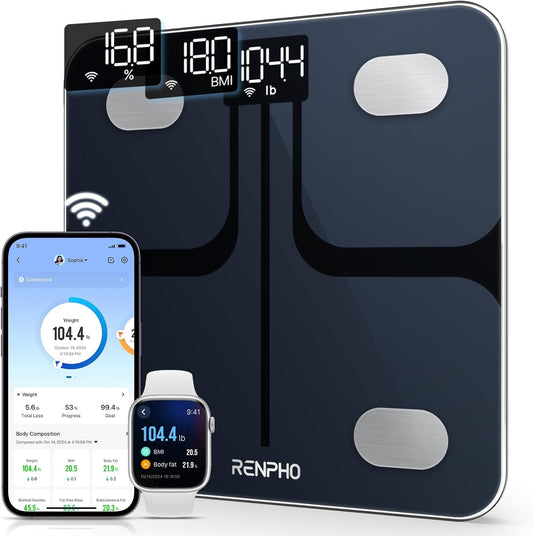 Bilancia Pesapersone Wi-Fi RENPHO, Bilancia Impedenziometrica Bluetooth per il Peso Corporeo, Dotata di App per Smartphone per la Forma Fisica e Tecnologia Step-on, Nero