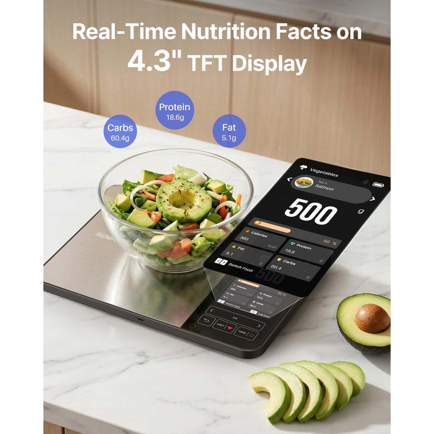 RENPHO Rechargeable Smart Food Scale with Nutritional Calculator, Calibra+ | TFT Color Display