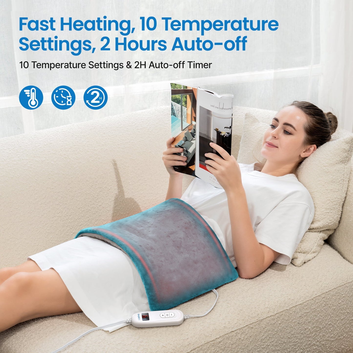 Heating Pad for Back Pain Relief & Period Cramps, FSA HSA Eligible,10 Heat Settings, 12"x24", Birthday Christmas Gifts for Women Men, Blue