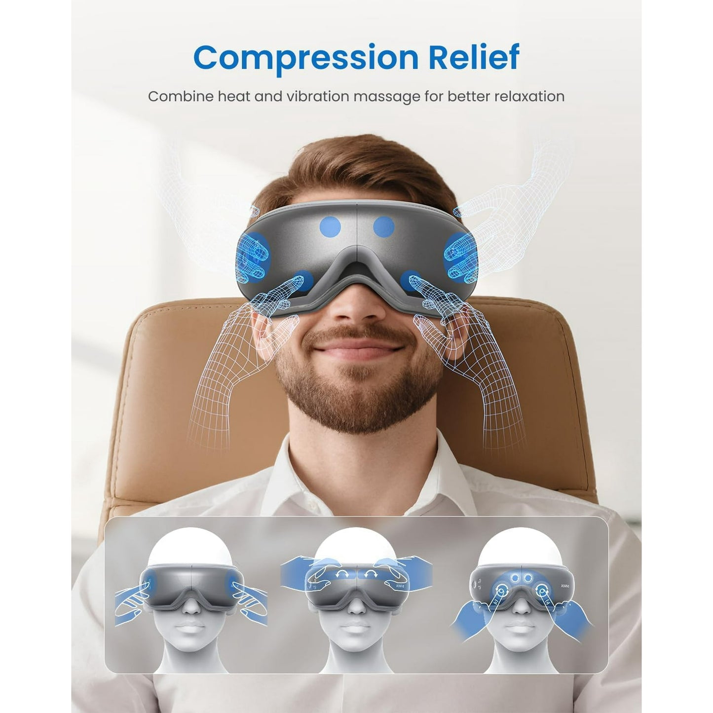 RENPHO Eye Massager with Heat & Vibration – 5 Massage Modes, Bluetooth Music, Adjustable Headband, USB Rechargeable - Gray