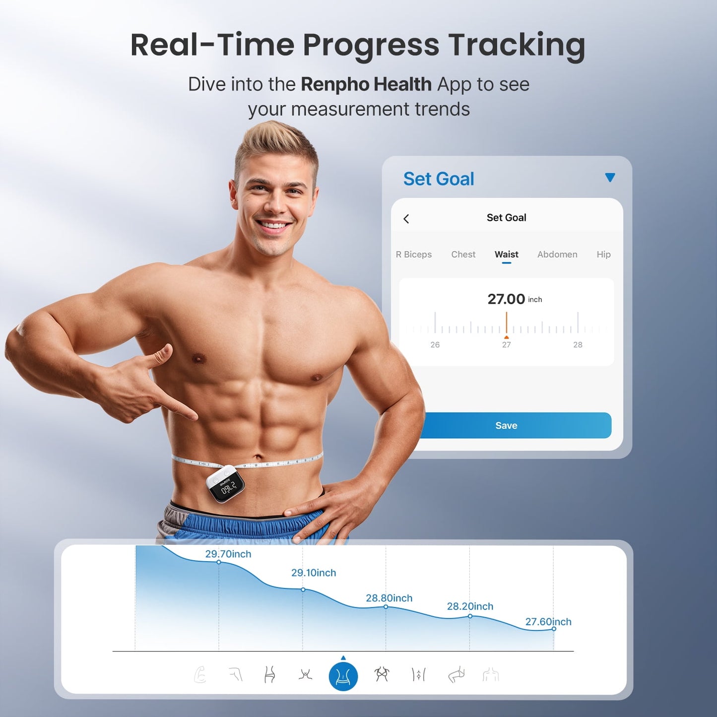 RENPHO Smart Tape Measure for Weight Loss, Bluetooth Fitness Equipment with App, Retractable