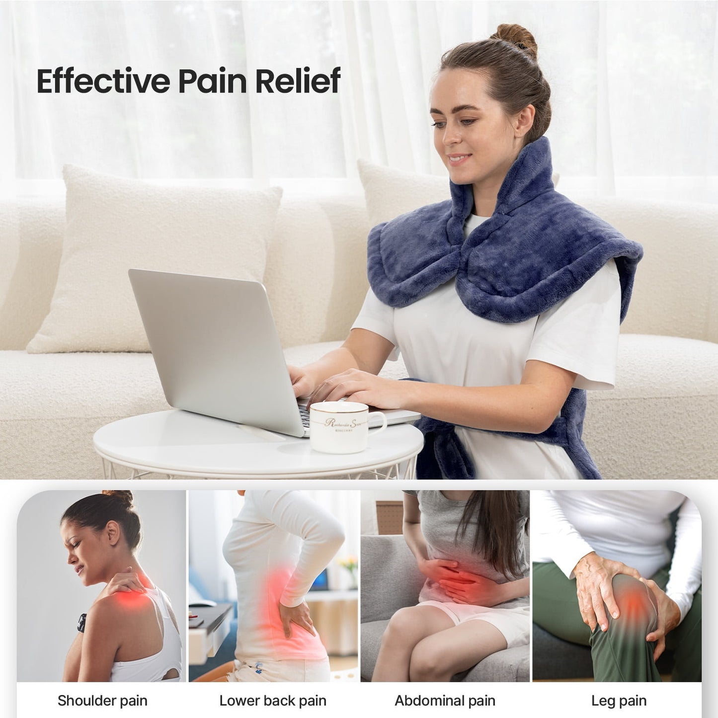 RENPHO Electric Heating Pad for Back Pain Relief, Large Electric Heating Pad for Neck & Wrap with 6 Heat Settings & Auto Shut-Off - 24"x37" - Dark Blue
