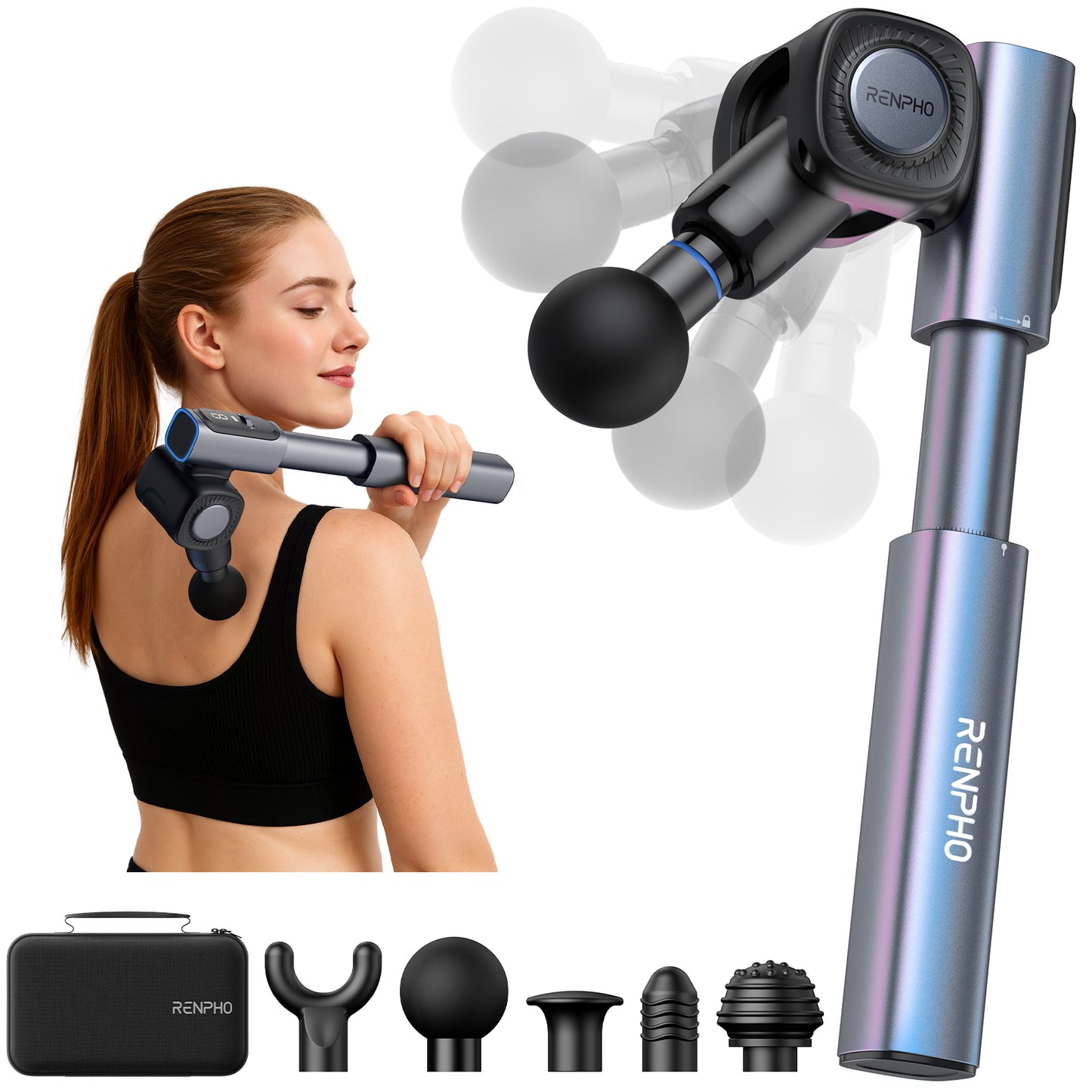 RENPHO Massage Gun with Adjustable Angles and Extension Handle, FSA HSA Eligible, Handheld Percussion Muscle Massager Deep Tissue with Portable Carry Case for Men Women, Extend 2