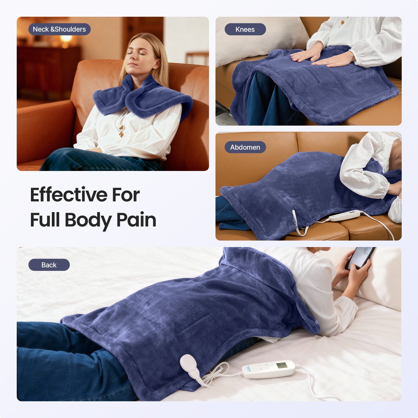 RENPHO Electric Heating Pad for Back Pain Relief, Large Electric Heating Pad for Neck & Wrap with 6 Heat Settings & Auto Shut-Off - 24"x37" - Dark Blue
