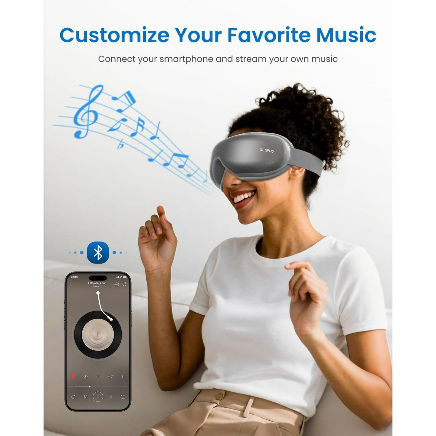RENPHO Eye Massager with Heat & Vibration – 5 Massage Modes, Bluetooth Music, Adjustable Headband, USB Rechargeable - Gray