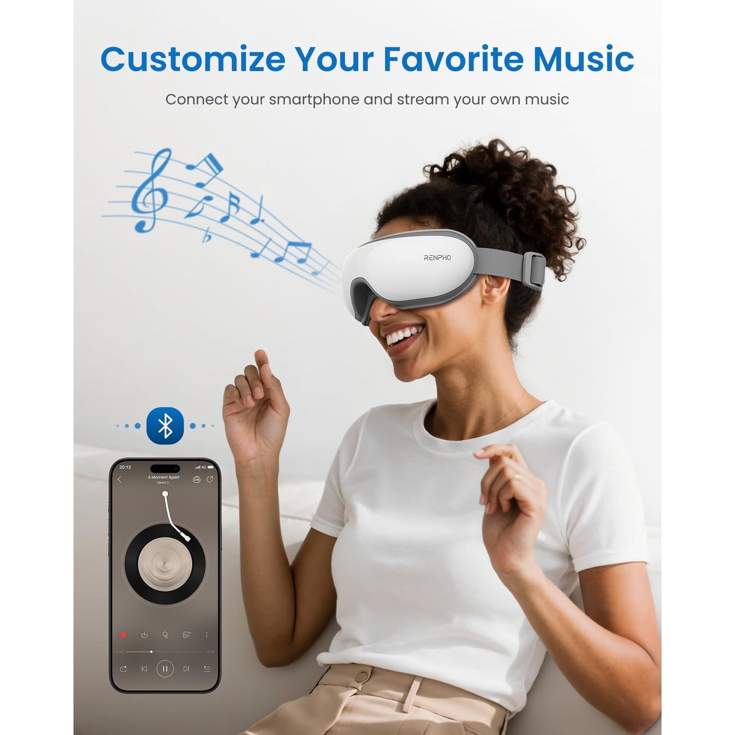 RENPHO Eye Massager with Heat & Vibration, FSA HSA Eligible, 5 Massage Modes, Bluetooth Music, Adjustable Headband, USB Rechargeable, Gift - White
