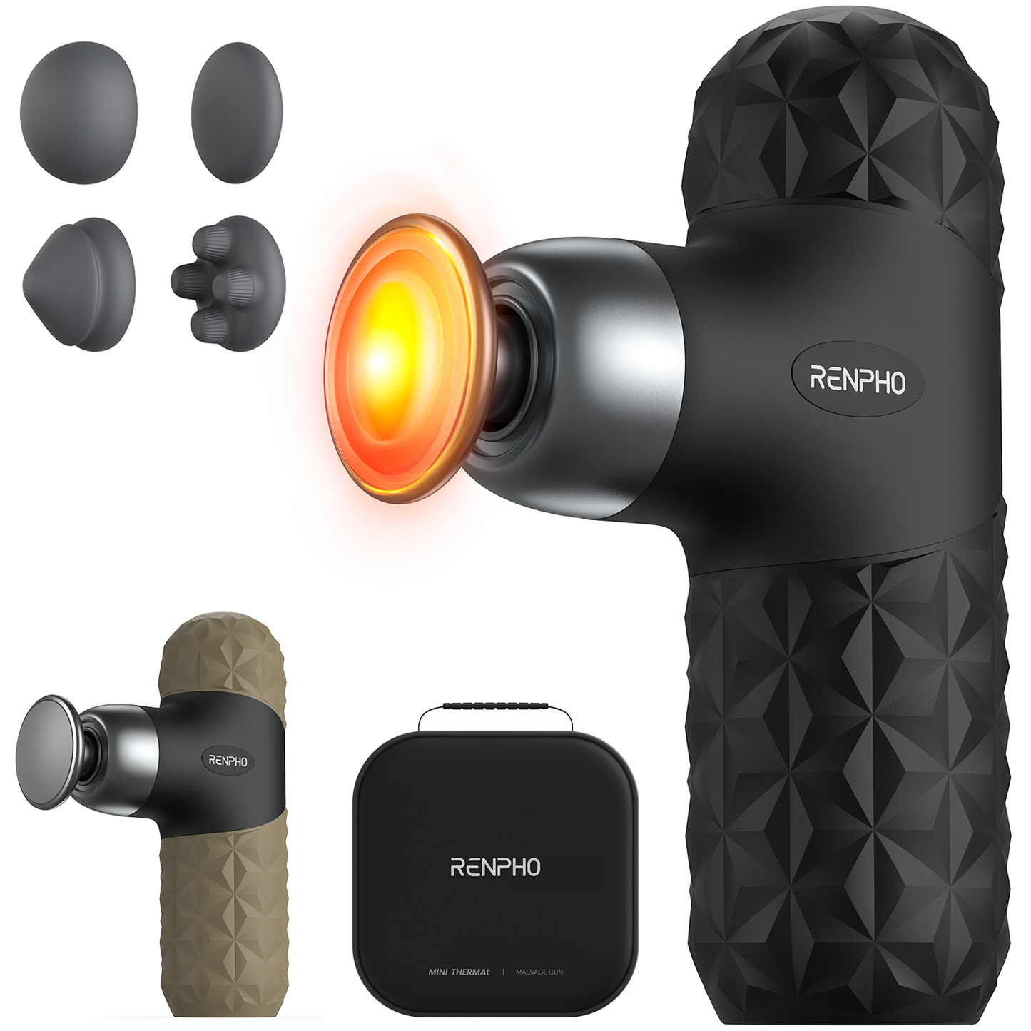 RENPHO Mini Thermal Massage Gun with Heat, Portable Deep Tissue Percussion Massager, Color Silicone Sleeves Travel Size with Carry Case, Black