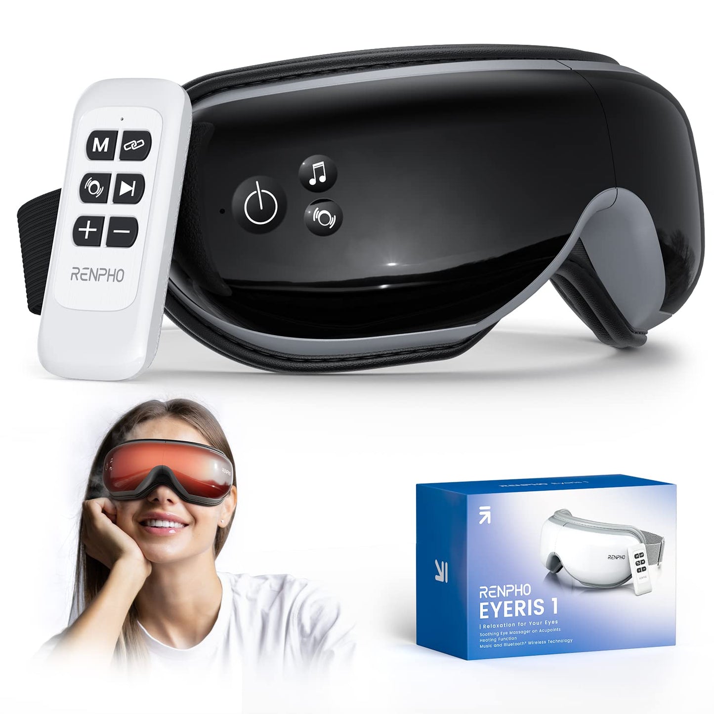 RENPHO 2.0-Eye Massager with Remote Control & Heat Compression, Eye Therapy Massager for Relieve Eye Strain -Black