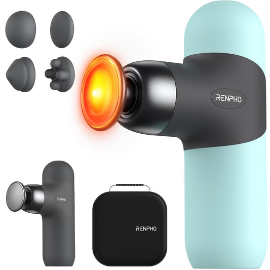 RENPHO Mini Massage Gun with Heat, Portable Fashion Deep Tissue Percussion Massager, Color Silicone Sleeves with Carry Case, 4 Intensities, 4 Heads, for Home Office Workout Muscle Massage Relax, Mint