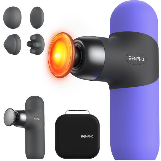 RENPHO Mini Thermal Massage Gun with Heat, Portable Fashion Deep Tissue Percussion Massager, 4 Intensities, 4 Heads, Travel Size with Carry Case, for Athletes, Purple
