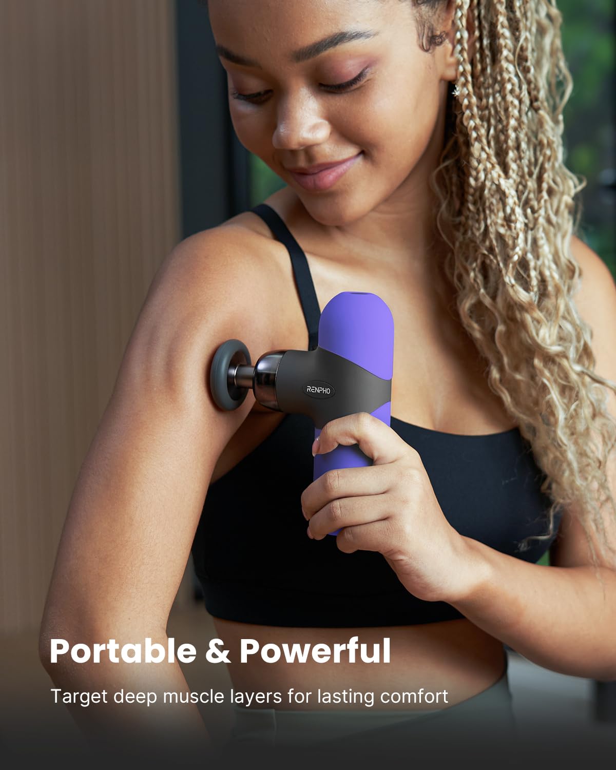 RENPHO Mini Thermal Massage Gun with Heat, Portable Fashion Deep Tissue Percussion Massager, 4 Intensities, 4 Heads, Travel Size with Carry Case, for Athletes, Purple