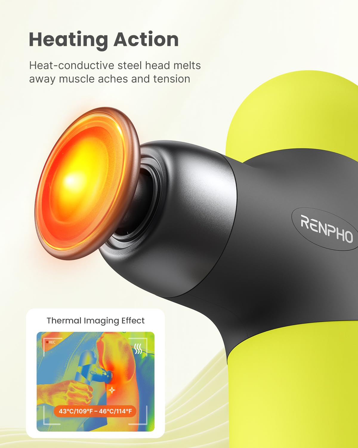 RENPHO Mini Thermal Massage Gun with Heat, Portable Fashion Deep Tissue Percussion Massager, 4 Intensities, 4 Heads, Travel Size with Carry Case, for Athletes, Green